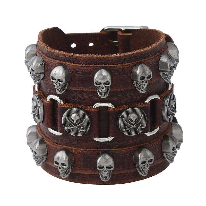 

2020 Punk, Retro Hip Hop Skull Men's Bracelet Brown Pirate Skeleton Charm Wide Leather Bracelet with Wristband Accessories