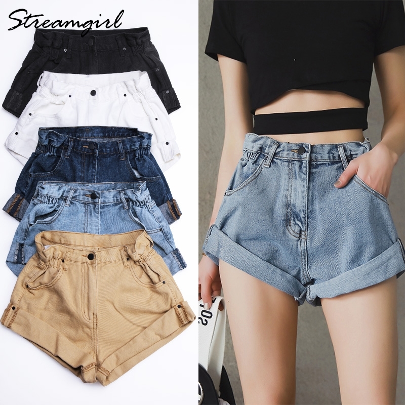 

Streamgirl Denim Shorts Women' White Women Short Jeans Khaki Wide Leg Elastic Waist Vintage High Waist Shorts Women Summer Y200403