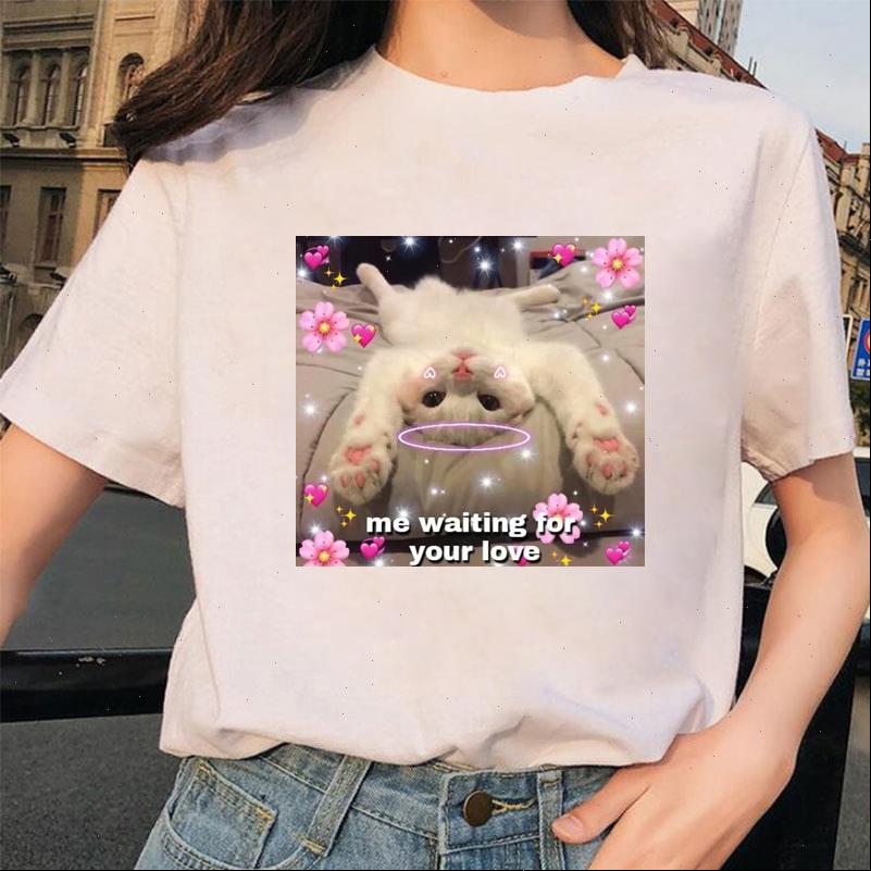 

summer fashion cat printed t shirt women harajuku short sleeve fun ulzzang t shirt kawaii love tshirt cartoon female tees, White