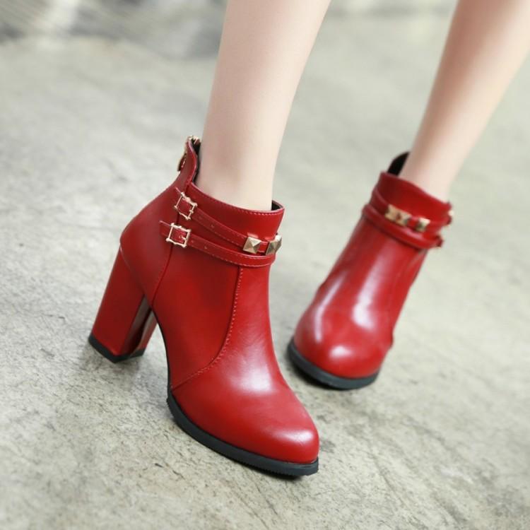 

Big Size 11 12 13 14 15 16 17 18 19 Round-headed, thick-heeled, high-heeled, zipper metal-trimmed short-barrel fashion boots, Black
