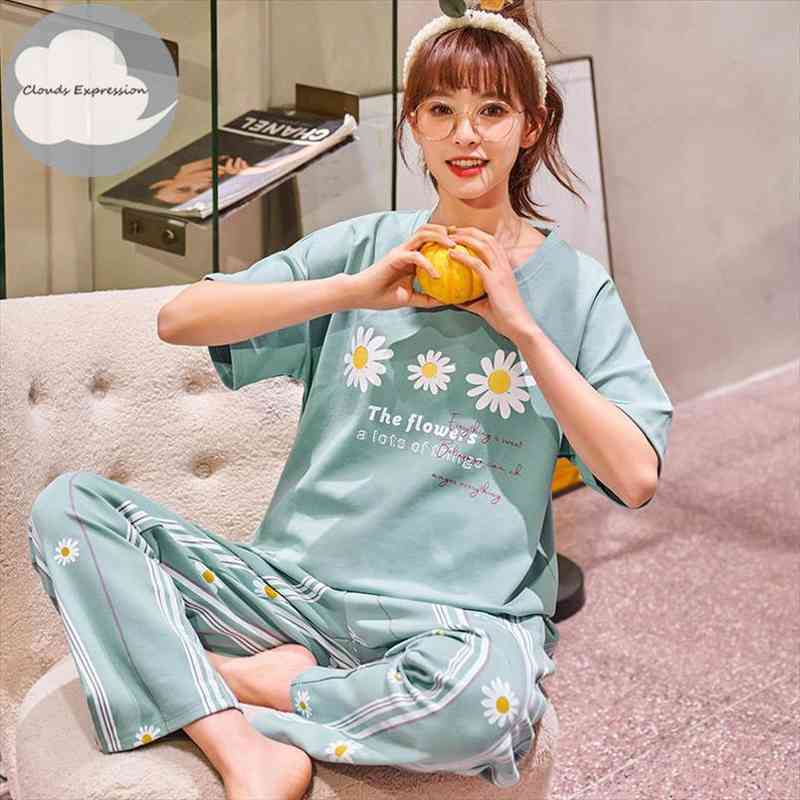 

Summer Knitted Cotton Womens Pajama Set Couple Cartoon Nightwear Sets Pants Girls Pajama Sets Mujer Sleepwear Home Fashion, Black;red