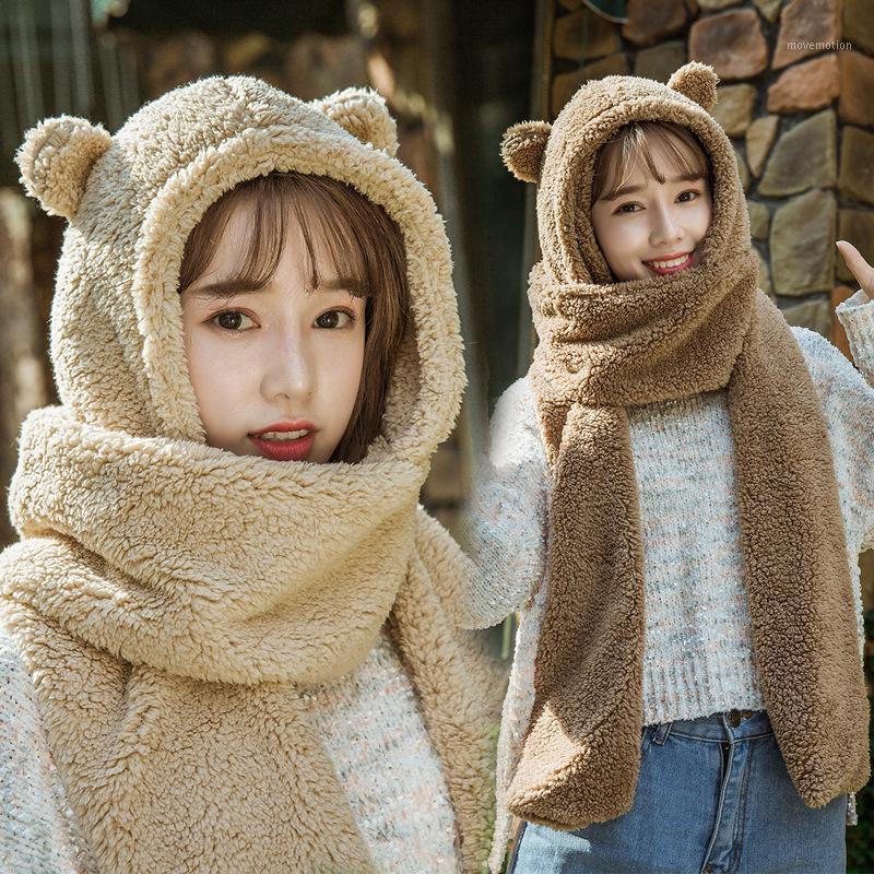 

2020 fasion Winter Women Novelty Caps Warm Cute Bear Ear Hat Casual Plush Hat Scarf Gloves Set Casual Solid Fleece Women Caps1, C-beige