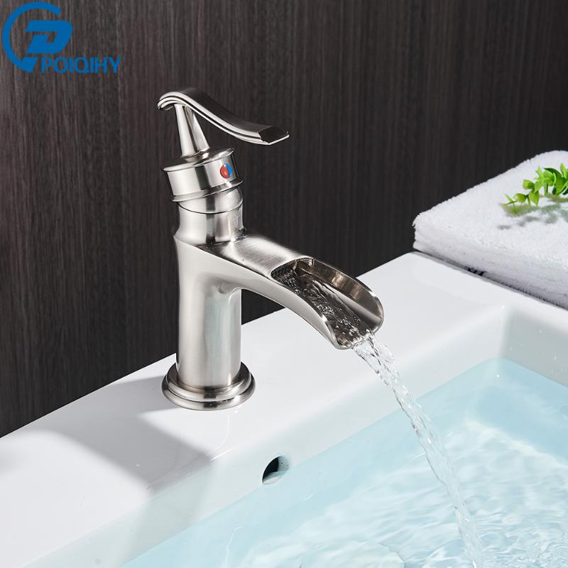 

POIQIHY Brushed Nickel Basin Faucet Deck Mounted Bathroom Vessel Sink Tap Waterfall Cold Hot Mixer Faucet Chrome Single Handle