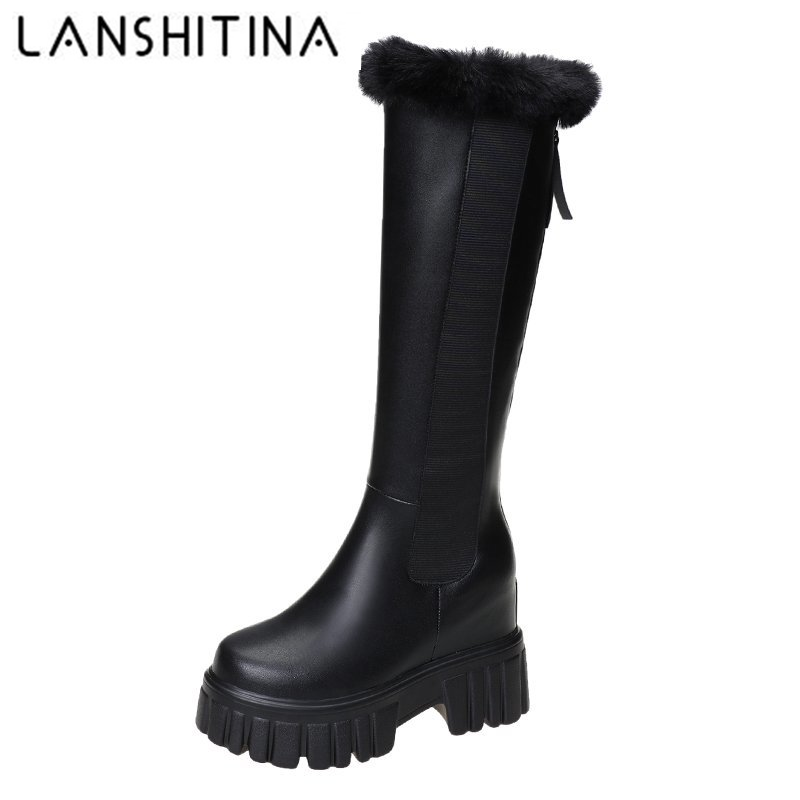 

Warm Snow Boots Women Winter Wedges Heels Knee High Boots 10cm high heels Thick Sole Motorcycle Platform Long Botas Mujer, Black