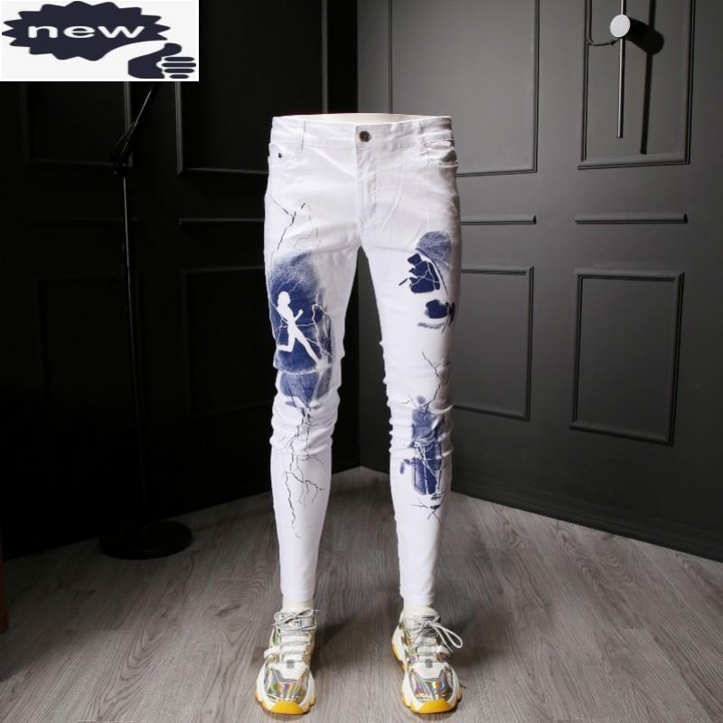 

High Street Men White Jeans Personality Fashion Printed Slim Fit Straight Elastic Denim Pants Male Large Sizes jean Trousers