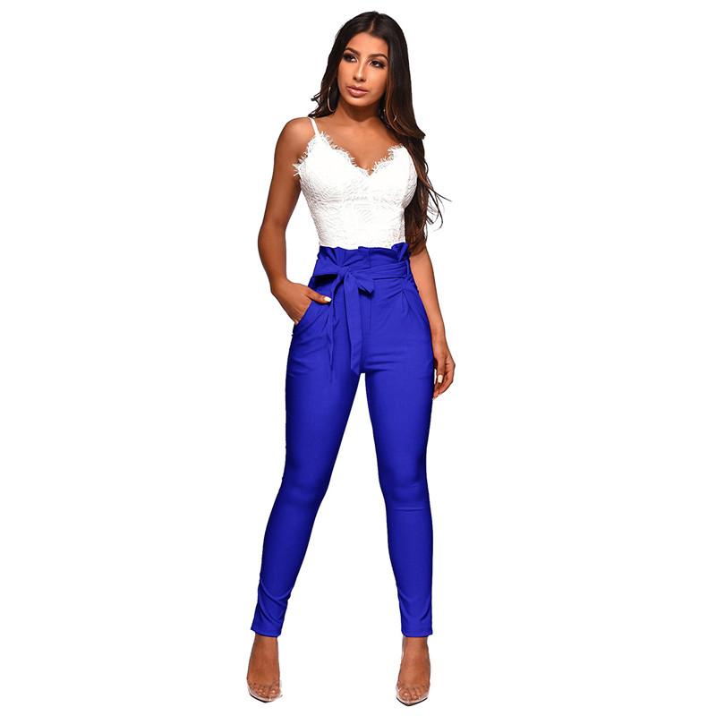 

Women Casual High Waisted Pants Office Lady Elegant Slim Skinny Pencil Pants Pleated New Look Trousers with Bow Sashes Pockets, Black