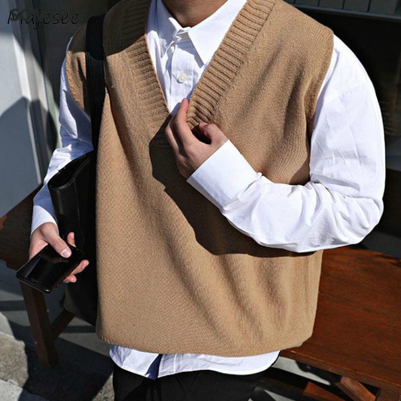 

Sweater Vest Men V-neck Solid Simple Casual 2XL Oversize Spring Autumn Mens Vests Chic All-match Preppy Style Daily Outwear New, Black