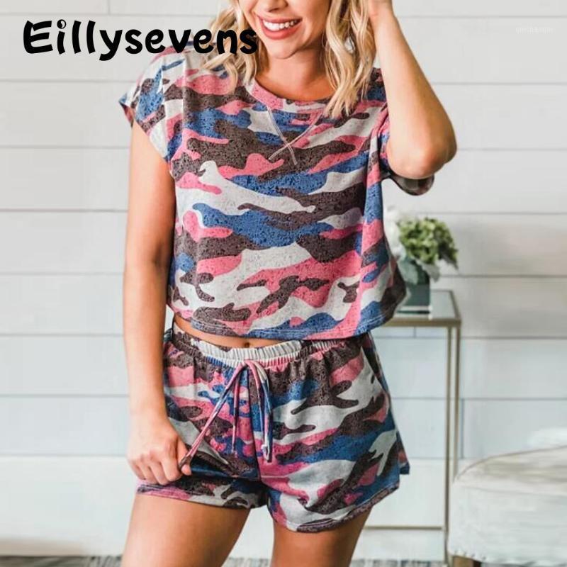 

New Summer Women Sport Suit Exercise Sets Camouflage High Waist Print Pants Leisure Wear Short Sleeve Wear Fitness Suit1, Multi