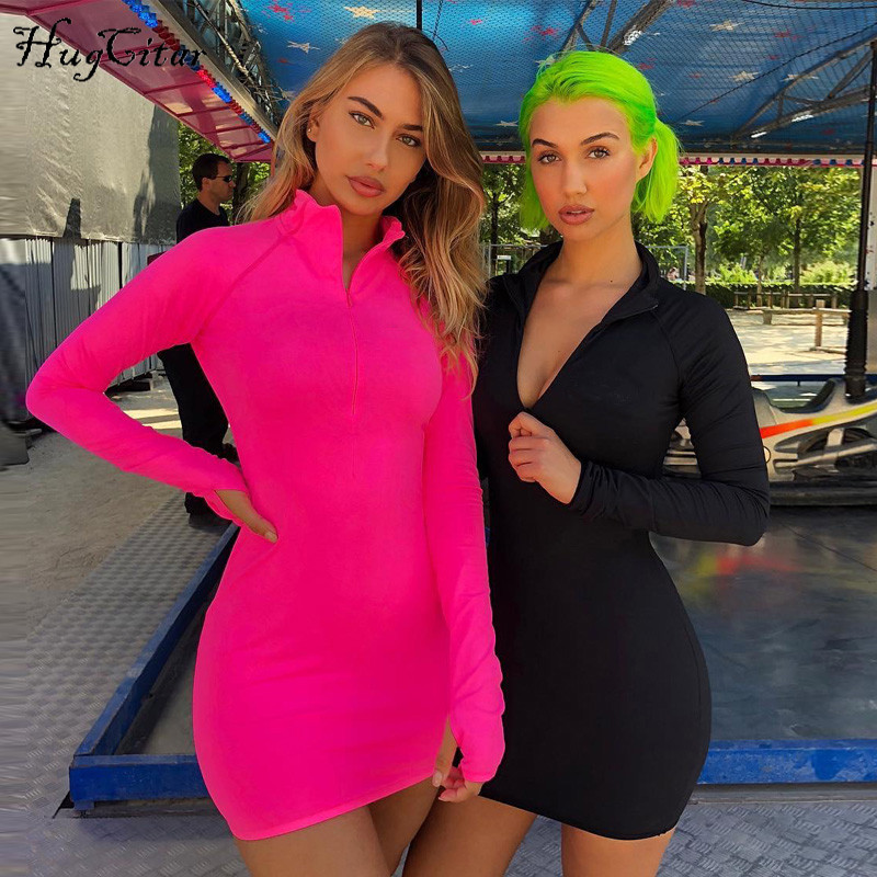 

Long Sleeve Dress Female Pure color high collar zipper high waist sexy stretch dress 2020 fall and winter fashion leisure suit, Pink