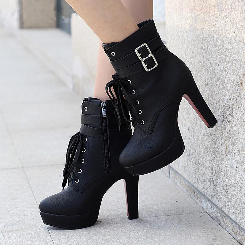 

Women Fashion High Heels Lace Up Ankle Boots Female Zip Double Buckle Sexy Party Dress Pump Woman Platform Shoes1, Beige