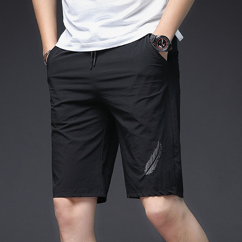 

Mens Summer Shorts Beach Sport Running Male With Size Pocket Bermuda Masculina Embroidery Leaves Sportwear Shorts Elastic Waist, Black