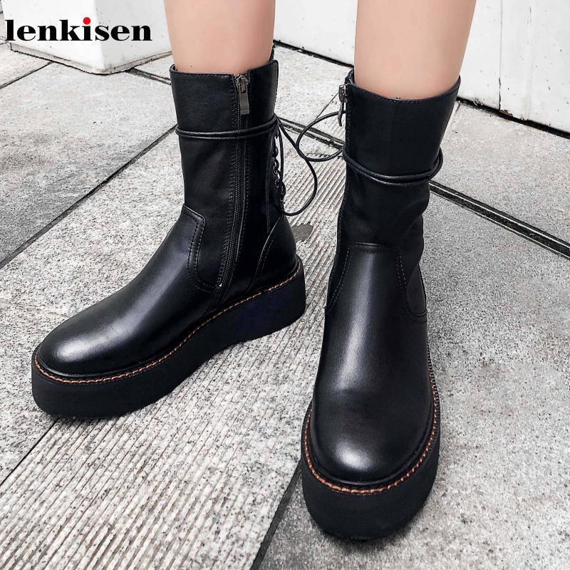 

Lenkisen new genuine leather high heels round toe cross-tied high fashion western boots platform thick bottom mid-calf boots L851, Black cow suede