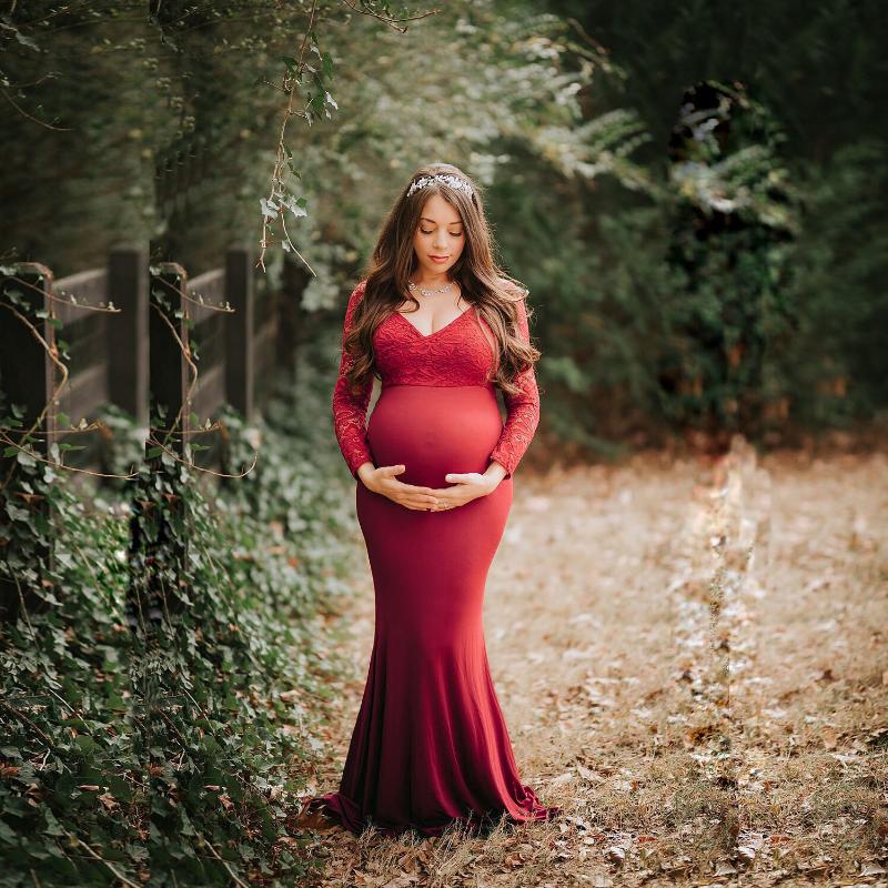 

Pregnant Dress New Maternity Photography Props For Shooting Photo Pregnancy Clothes Lace Chiffon Off Shoulder Long sleeve Dresse