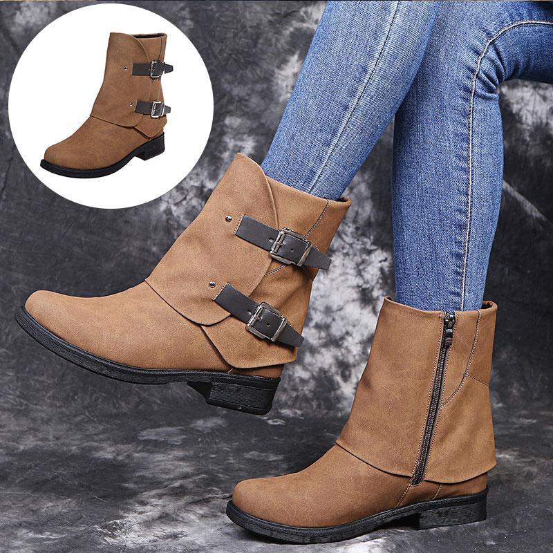 

Ladies Snow Boots Retro Women Leather Boots Low Heel Buckle Round Toe Shoes Size Side Zipper Winter Warm Shoes Ankle Booties1, Brown