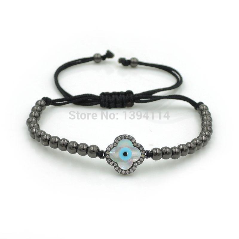 

16*12*2mm Micro Pave CZ Hamas Shell Eye Clover Charm & 4mm Round Beads Braided Macrame Bracelet Jewelry