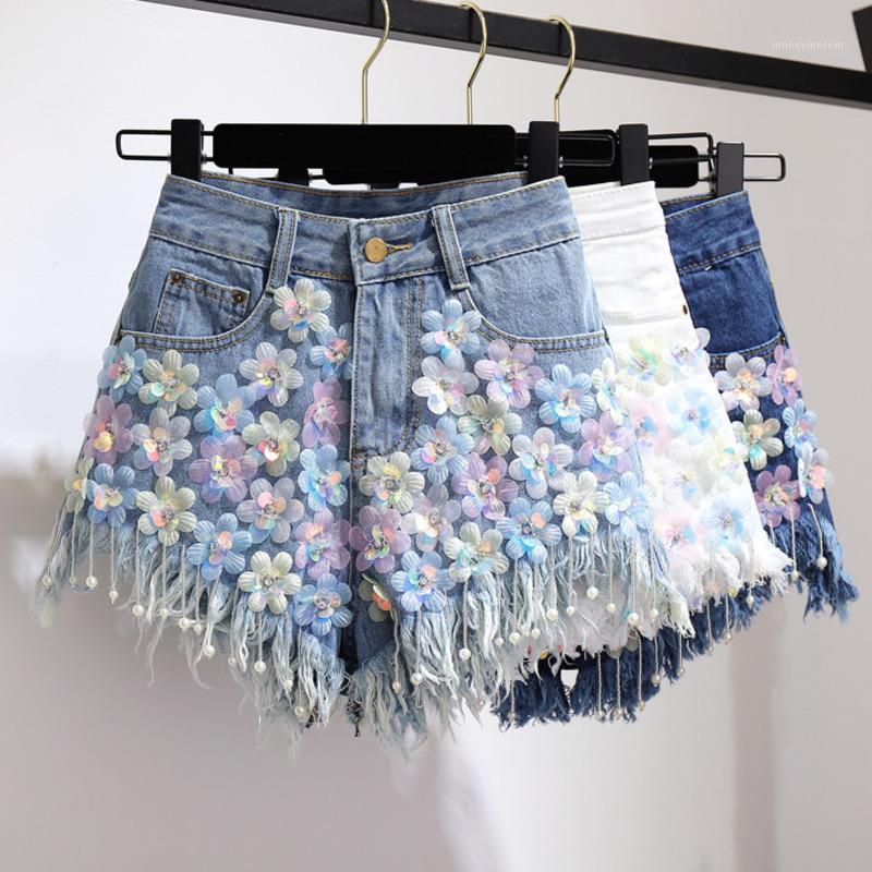 

2020 Spring Summer New Rhinestone Sequin Flower Beaded Tassel Jeans Women Fashion High Waist Denim Shorts1