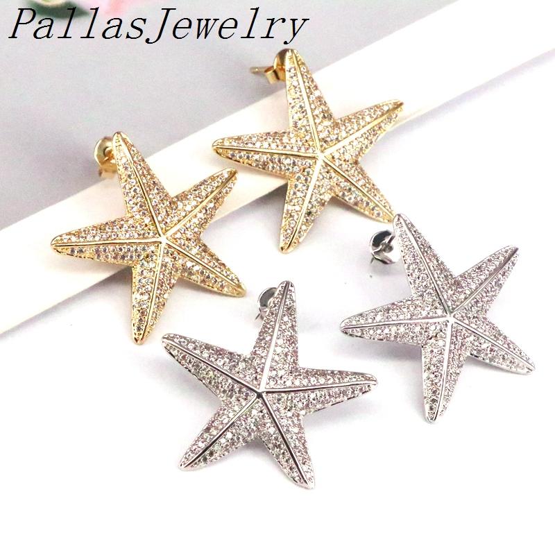 

5Pairs, 30mm Gold Silver Color CZ Micro Pave Star Stud-Earrings Wedding Jewelry Brincos Romantic Zirconia for Girl Women Gift
