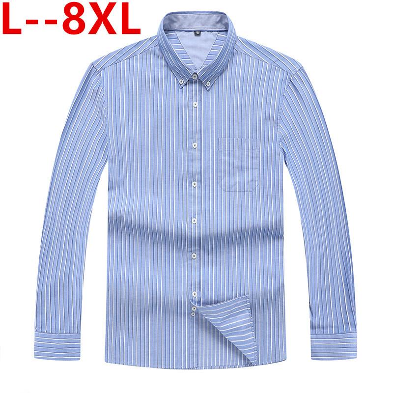 

8XL 6XL 5XL Men's Fashion Striped Long Sleeved Shirt Flannel 100% Cotton Soft Male Social Slim Fit Shirts Anti-shrinkage Design, Blue
