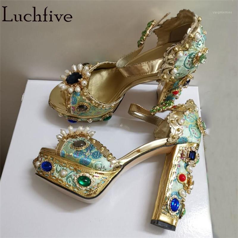

Sexy Rhinestones Peep Toe Sandals Chunky High Heel Party Shoes Buckles Strap Platform Shoes Woman Summer Sandalias Mujer 20201, Brown