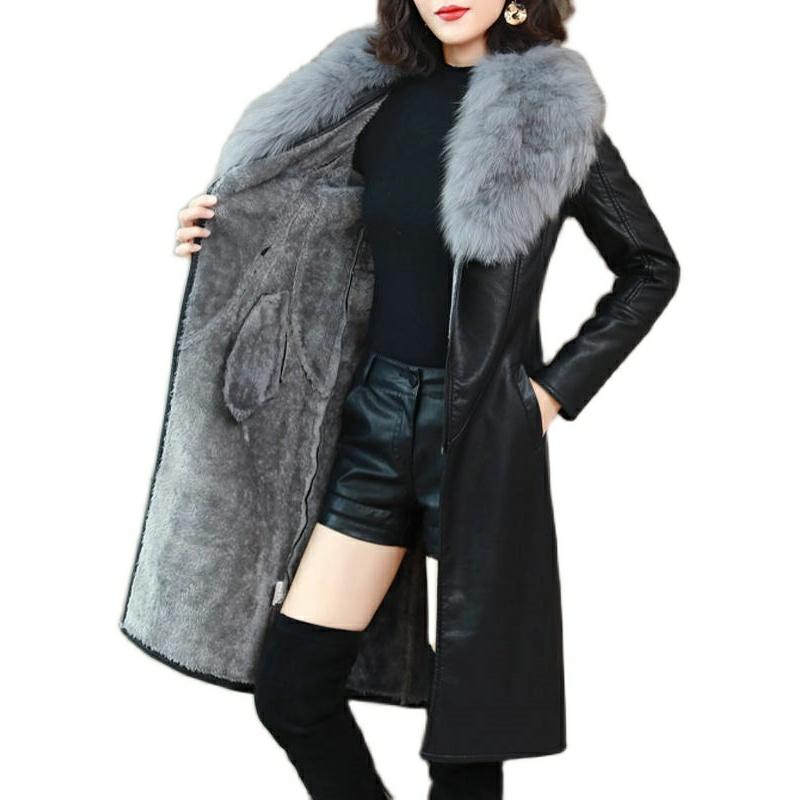 

Winter Jacket Women Long Elegant Parkas Faux Leather Detachable Fur Collar Korean Fashion Slim Ladies PU Leather Coats Zipper, Black