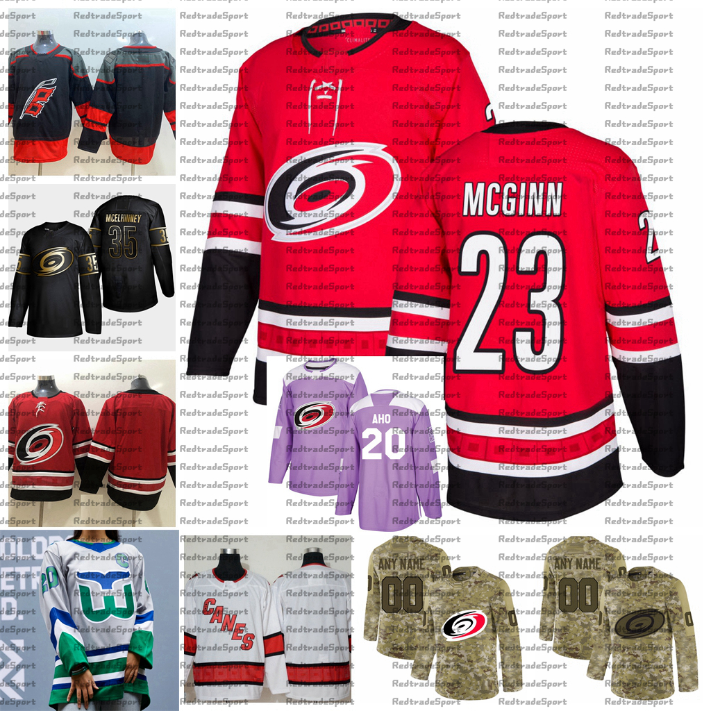 

2021 Reverse Retro Customize #23 Brock McGinn Carolina Hurricanes Jerseys Golden Edition Camo Veterans Day Fights Cancer Hockey Jersey, Yellow