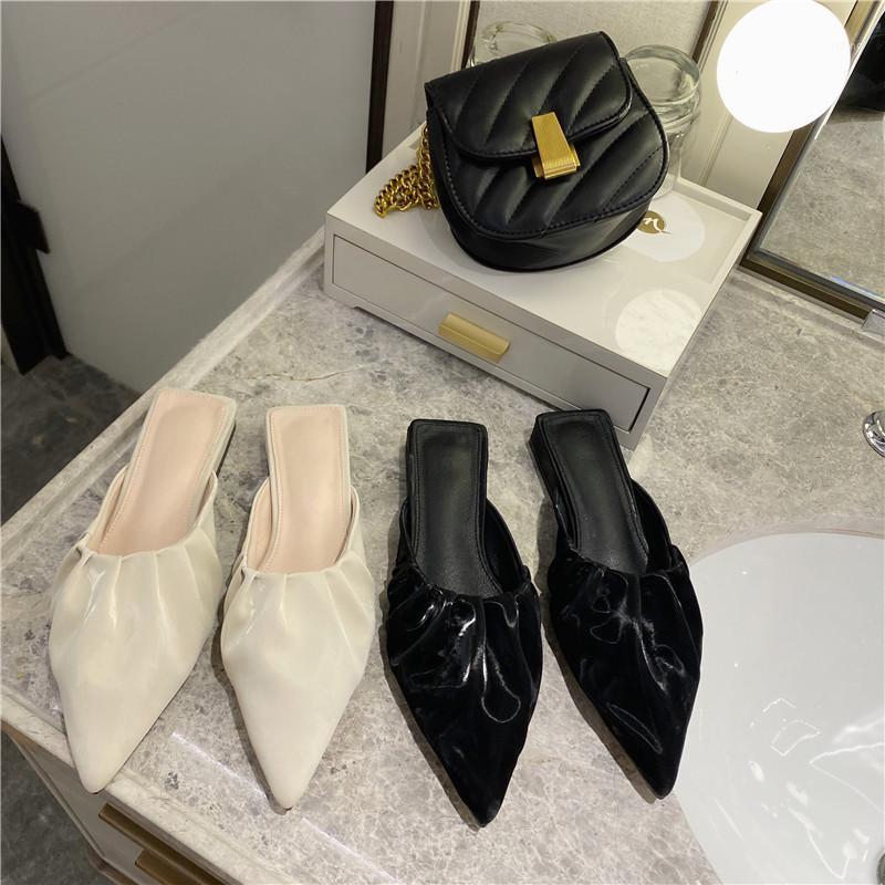 

2020 Summer Women Mules Designers Fashion Slides Pleated Pointed Toe Sexy Leather Slippers Woman Shoes Flats Flip Flops1, Beige