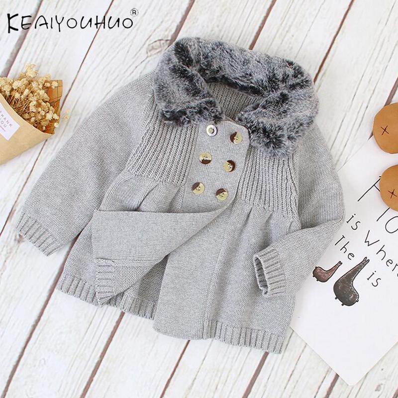 

Fashion Cardigans Toddler Knitwear Baby Coat For Girl Solid Fur Collar Sweater Knitted Jacket For Girls Newborn 1 2 3 Age, Gray