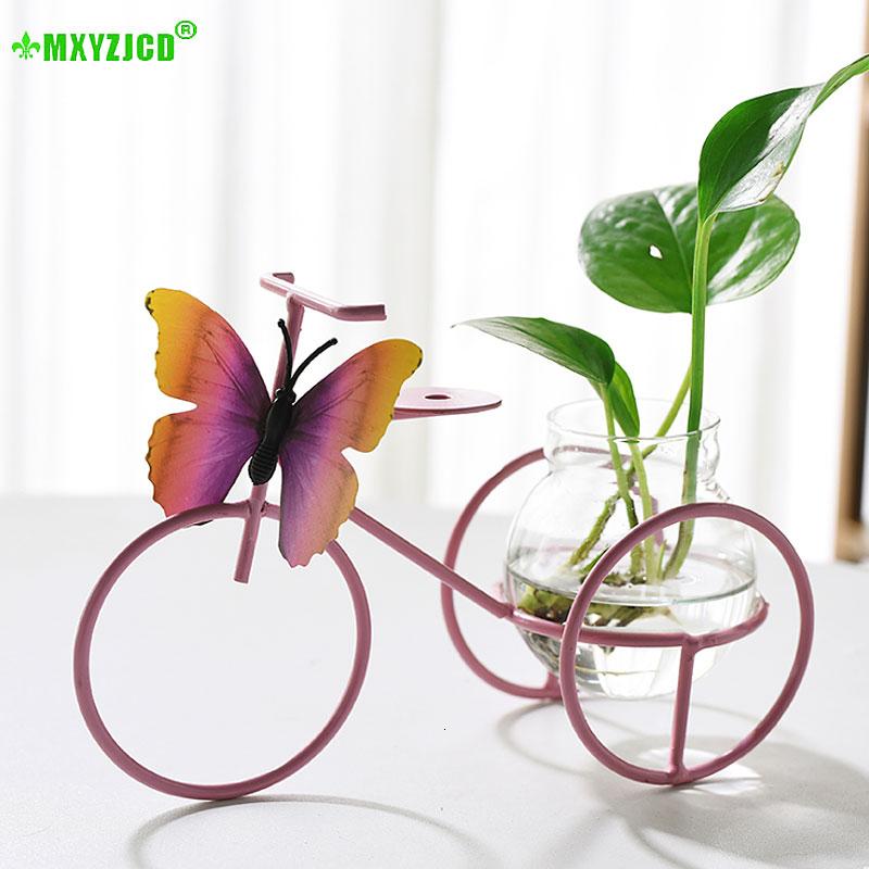 

Hydroponic Plant Glass Vase Wrought Iron Bicycle Ornaments Transparent Flower Arrangement Container Home Decoration Accessories