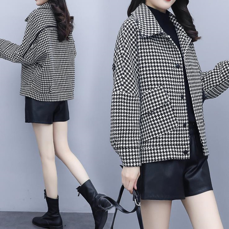 

Wear Autumn Winter 2021 New Wool Coat Women Short Plaid Jacket D1ku, Black