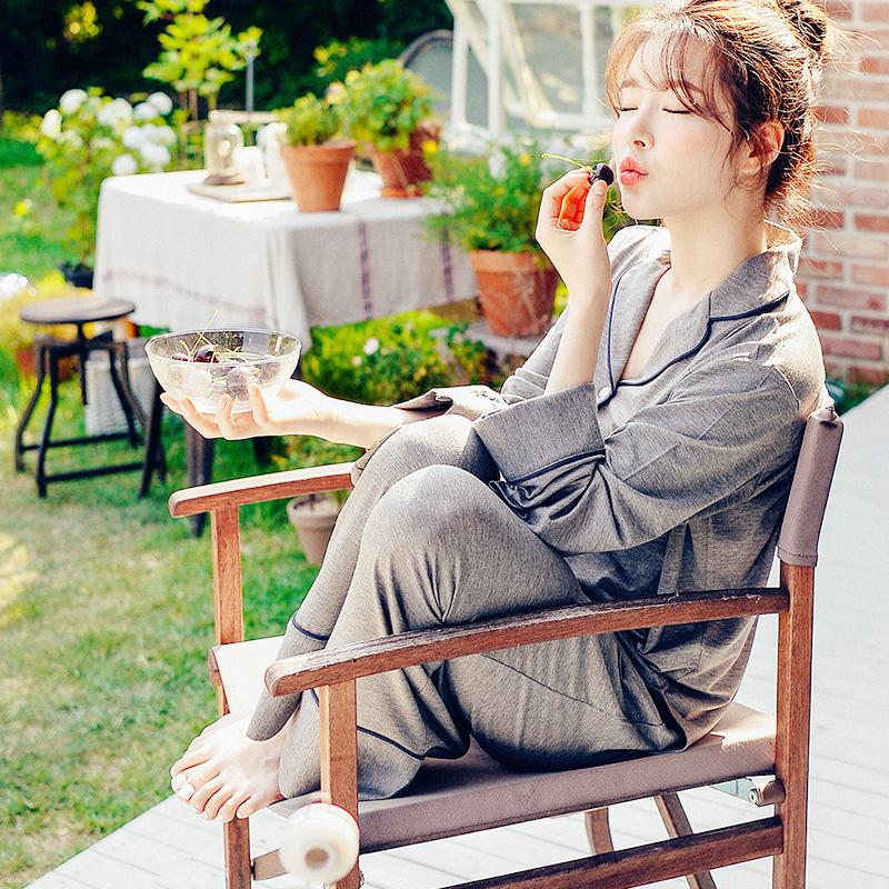 

New Age Season Modal Pajamas Female Trousers Lapels Long-sleeved Two-piece Loose Household To Take Nuisette Femme Ropa De Mujer