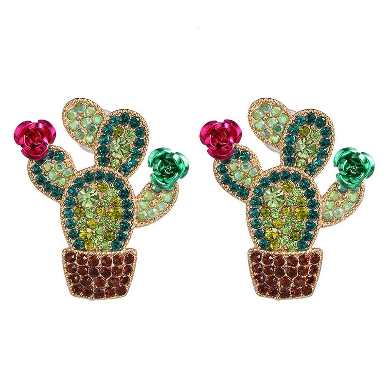 

Fashion Crystal Cactus Earring Good Quality Gold Color Colorful Rhinestone Plant Stud Earring Women Femme Gift Jewelry