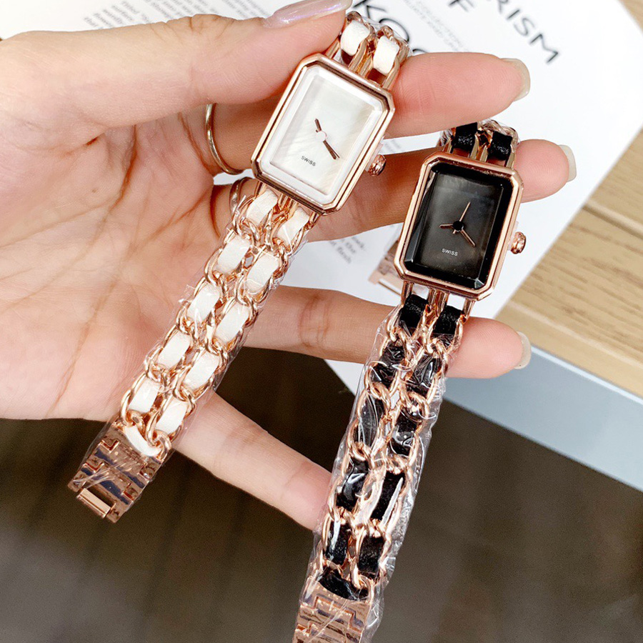 

Fashion Full Brand Wrist Watch Women Ladies Rectangle Style Luxury With Logo Steel Metal Band Quartz Clock CH39, Rose gold white