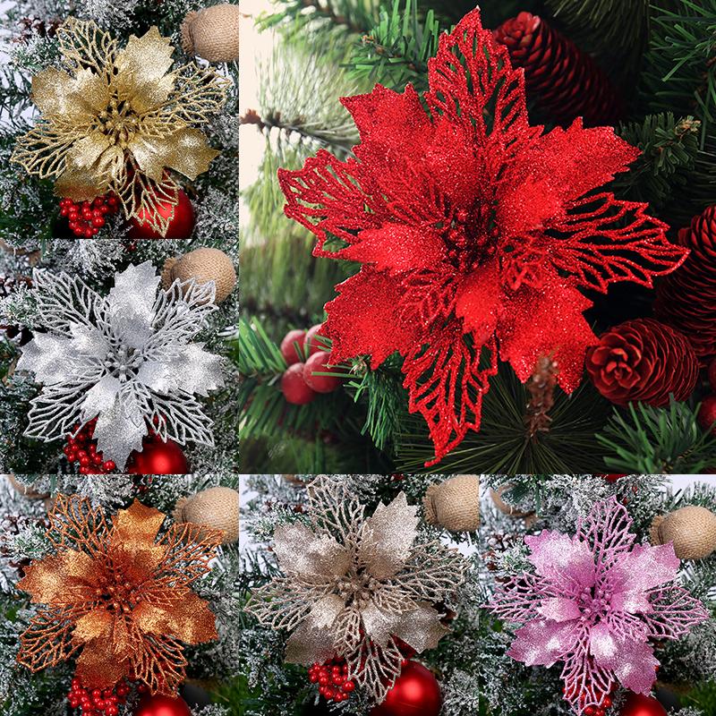 

Christmas 2020 Glitter Flowers For Merry Christmas Tree Decor Big Plastic Artificial Flowers Ornament Party Decoration, 01