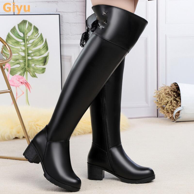 

Genuine Leather Women's Over The Knee Boots Chunky Heel Wool Long Riding Boots 2020 New Winter Plus Size Shoes For Women1, Black fluff