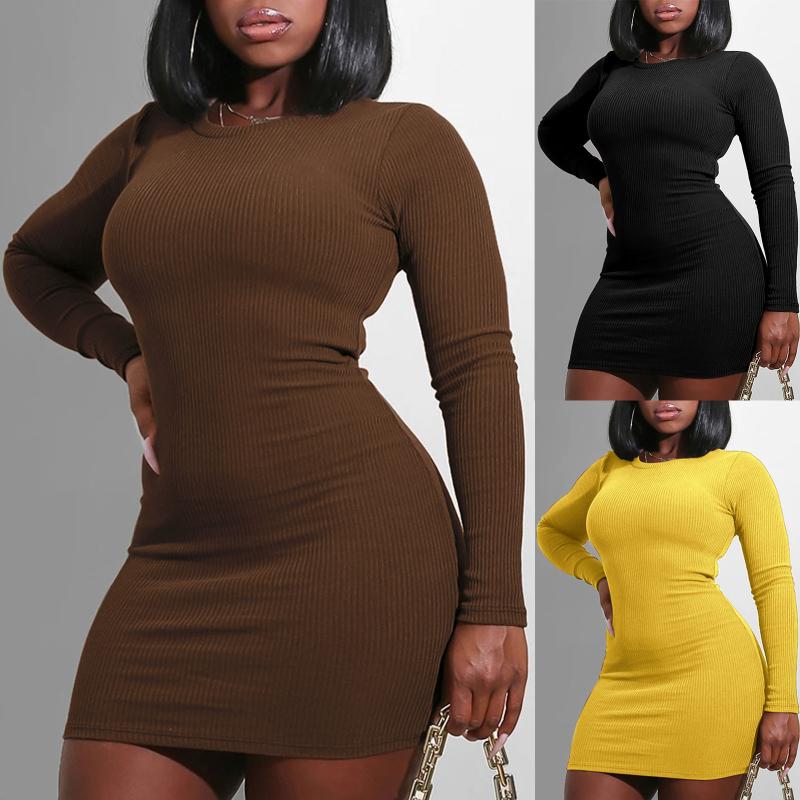 

Ladies Fashion Slim Round Neck Dress Long Sleeve Solid Color Dress Women Winter 2020 Knit Sweater Dresses For Women 2020, Black