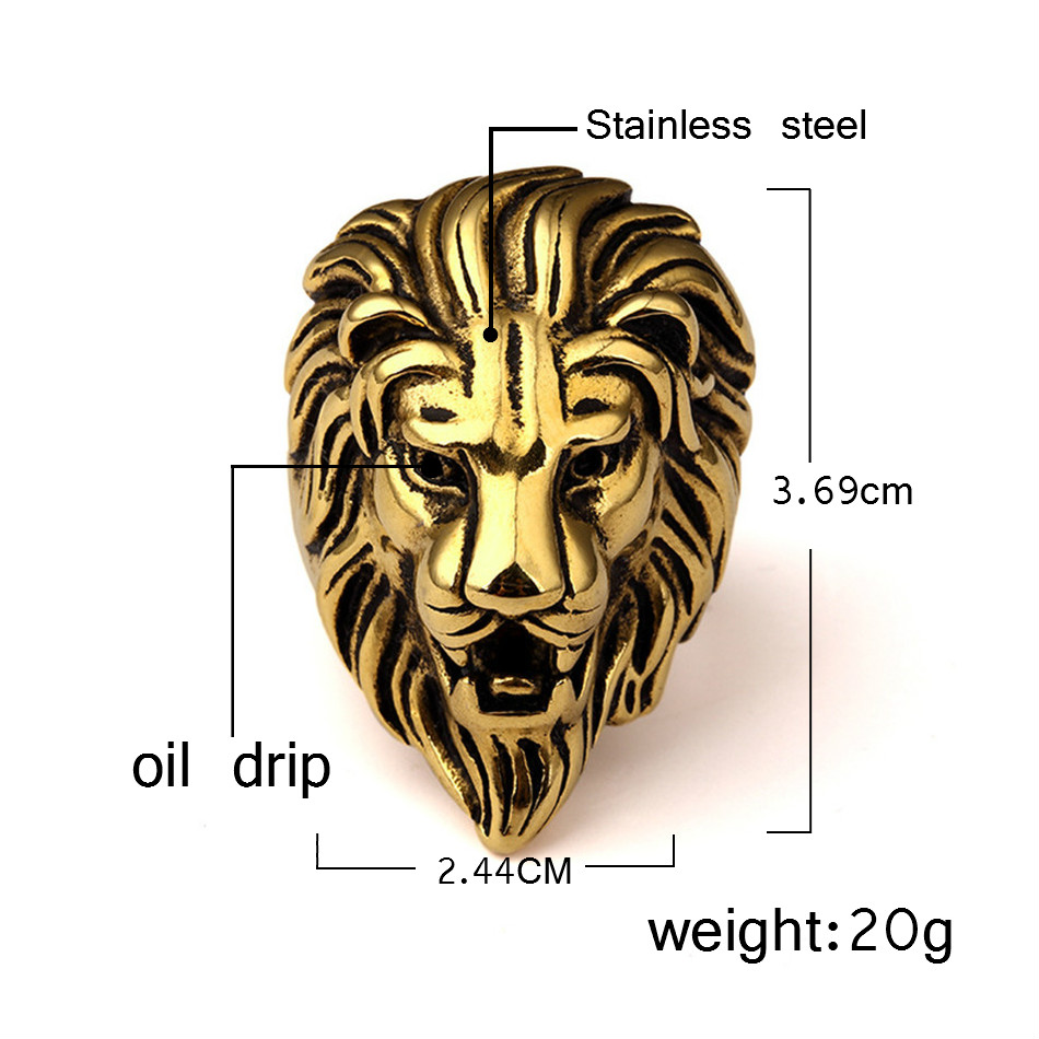 

Fashion Men Stainless steel Ring Hip hop Punk Style Vintage Golden Color Black Lion Head Rings Jewelry Size 7-15
