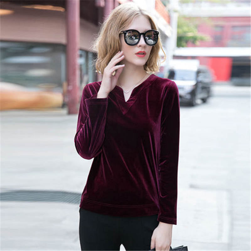

Winter Warm Thick Velvet Shirts Women 6XL 5XL Plus Size T Shirt Casual V-neck Long Sleeve Solid Color Tops Fashion red Clothes 201125, Black