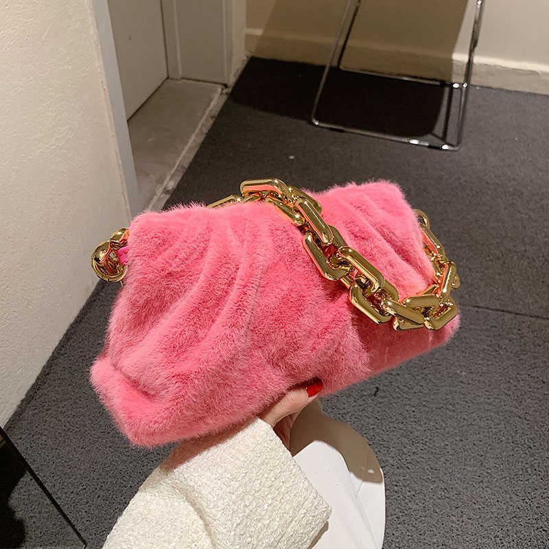 

Women Shoulder Bag Top Brand Thick Chain Faux Fur Handbag Winter Pink Baguet Bags SofT Plush Armpit Shoudler Purse Female Clutch, Black shoulder bag