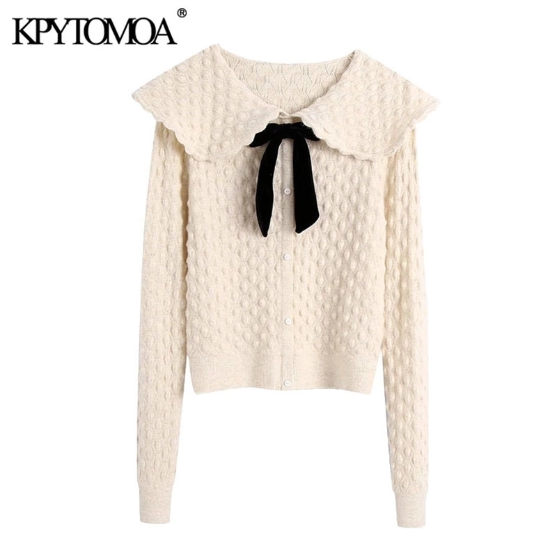 

KPYTOMOA Women Fashion Velvet Bow Striped Textured Knitted Sweater Vintage Long Sleeve Button-up Female Pullovers Chic Tops 201030, As picture