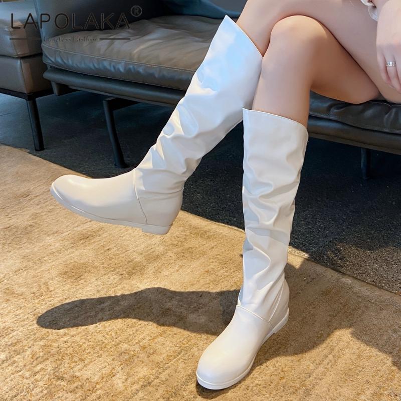 

Lapolaka 2021 Fashion Internally Increased women's Boots Comfy Slip-On Solid Low Heel Platform Elegant Concise Ladies Shoes, Black