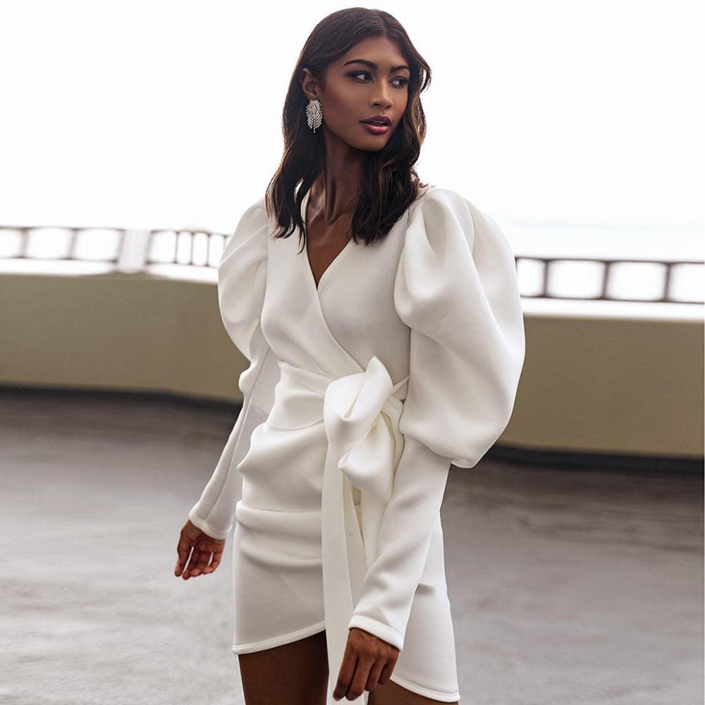 

2021 New Sexy V-neck Sleeve Bow Tie Slim Party Women Spring Summer Celebrate Event Occasion Evening Night Robes Mini Cpq8, White