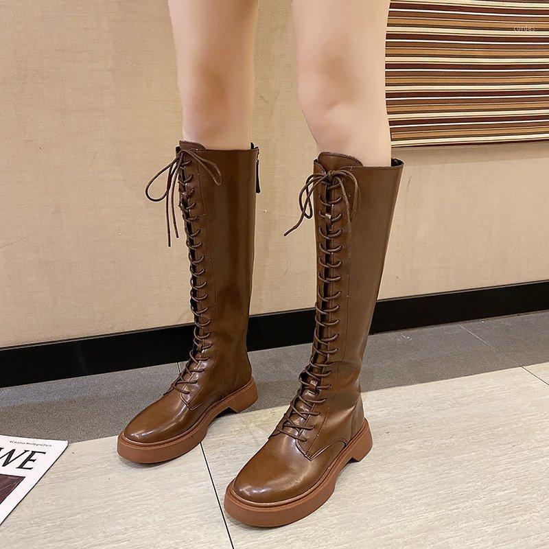 

Knee High Boots Platform Women Shoes Lace Up Motorcycle Boots Women Shoes Winter Thigh High Knee Brown Botas Mujer1