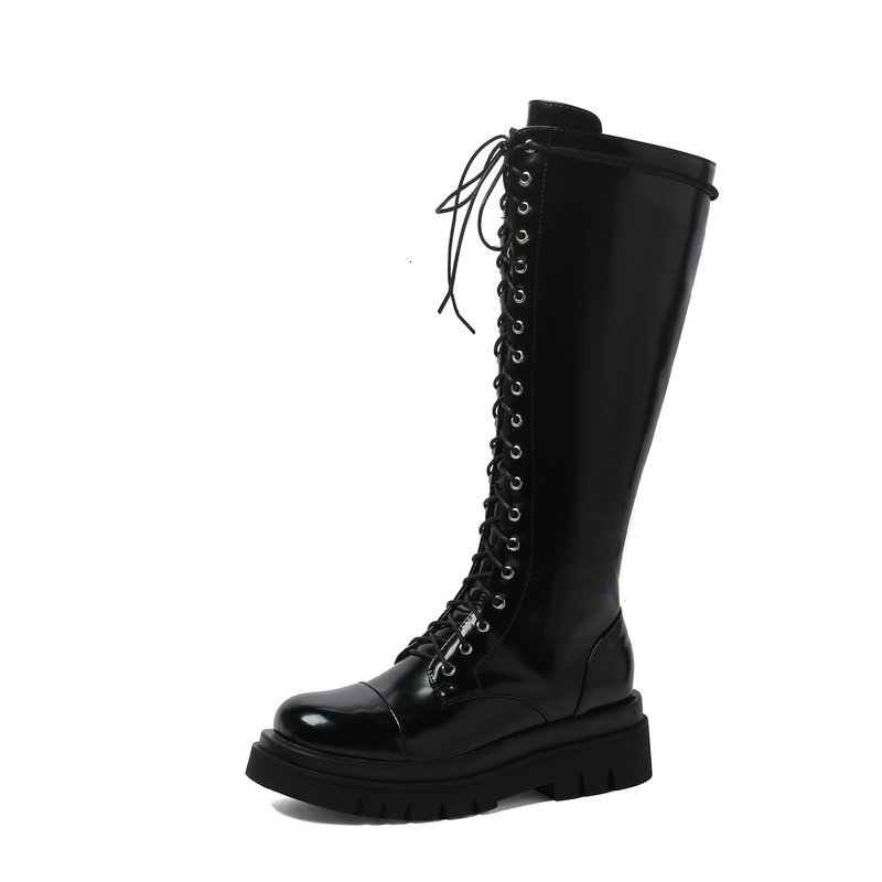 

2021 New Pu Leather Knee High Boots Lace Up Square Heels Autumn Winter Round Toe Women Shoes Size 34-43 Jj6f, Black