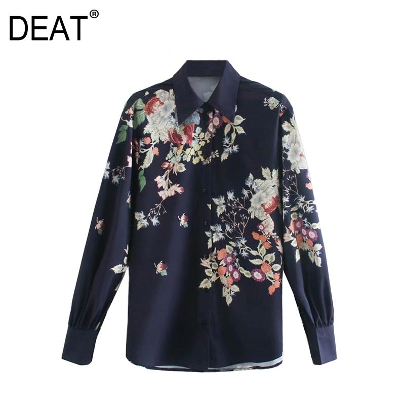 

DEAT] 2020 Spring Autumn New Fashion Tide Turn-down Collar Printing Single-breasted Long Sleeve Loose Women Shirt 13A485, Navy blue