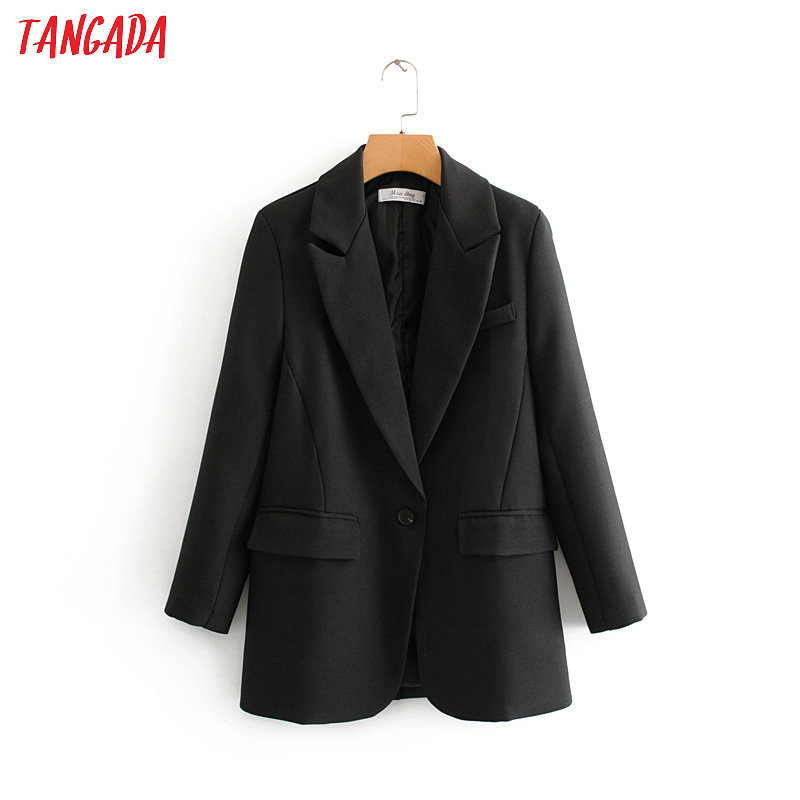 Tangada fashion women black suit blazer long sleeve pocket office lady business coat female retro tops DA45 201114Z