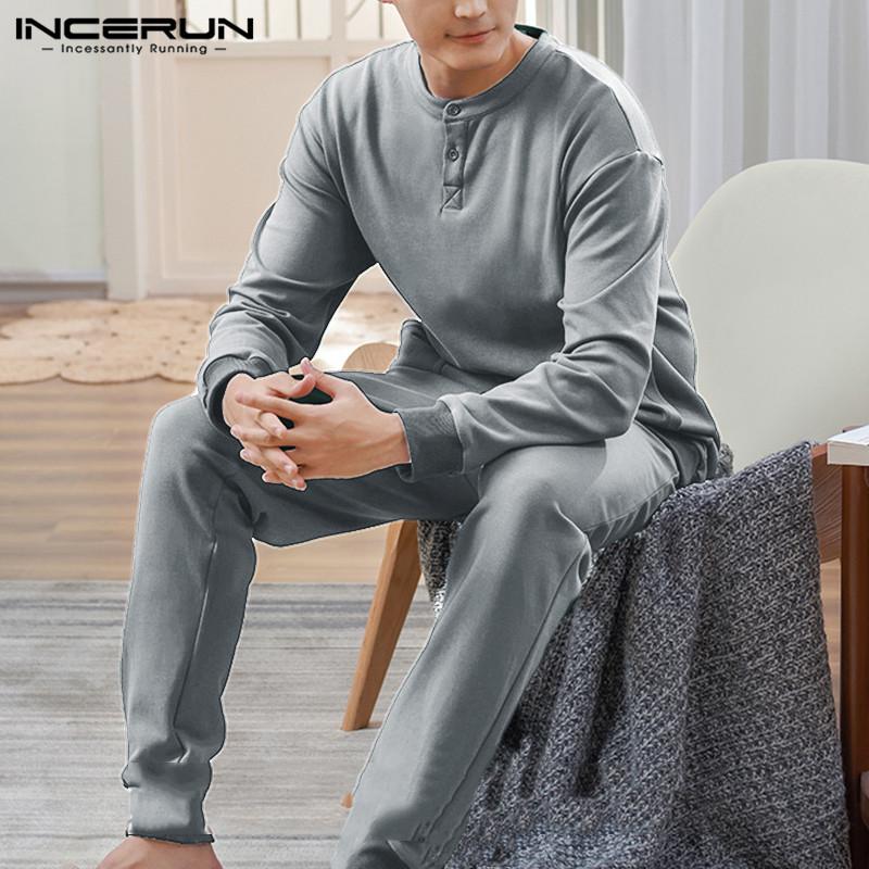 

Leisure Pajamas Sets Winter Men Solid Sleepwear Suits INCERUN Long Sleeve Tops And Elastic Pants Nightgown Men Warm Homewear 5XL, Blue