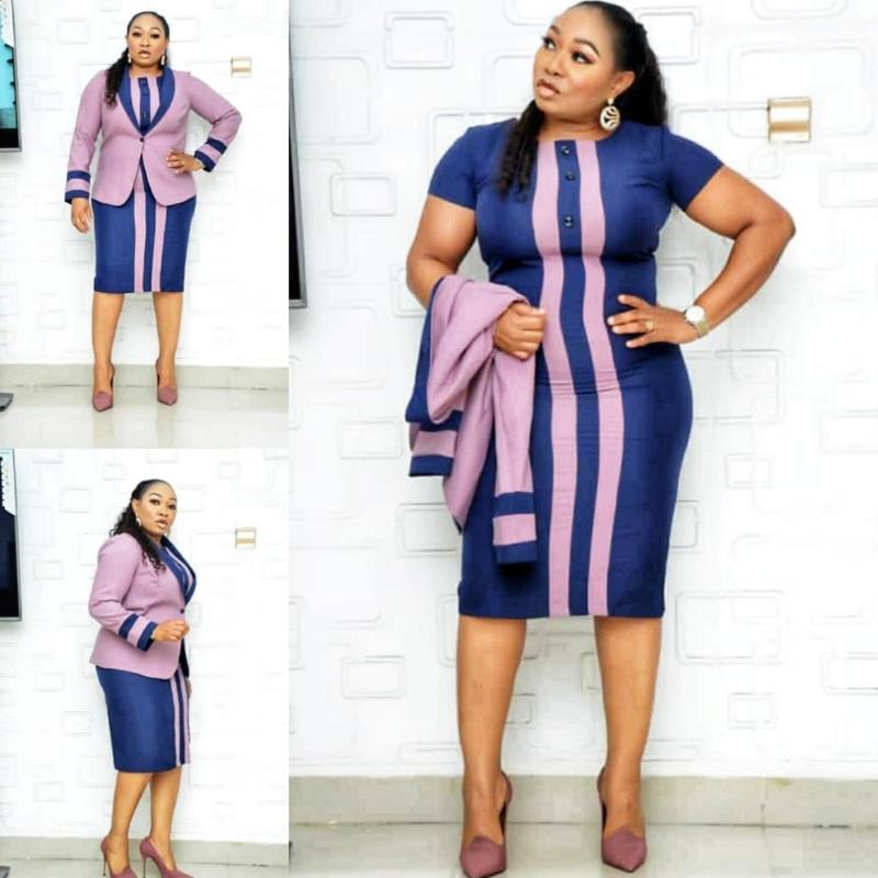 

Two Pieces Set African Clothes Stripe Print Women Dresses 2021 Spring Autumn Office Lady O-Neck Bodycon Midi Dress Coat Suit Set