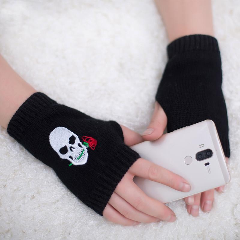 

Casual Women Knitted Arm Fingerless Keep Warm Winter Gloves Soft Warm Mitten Comfortable Soft Skull Print #W5, Blue;gray