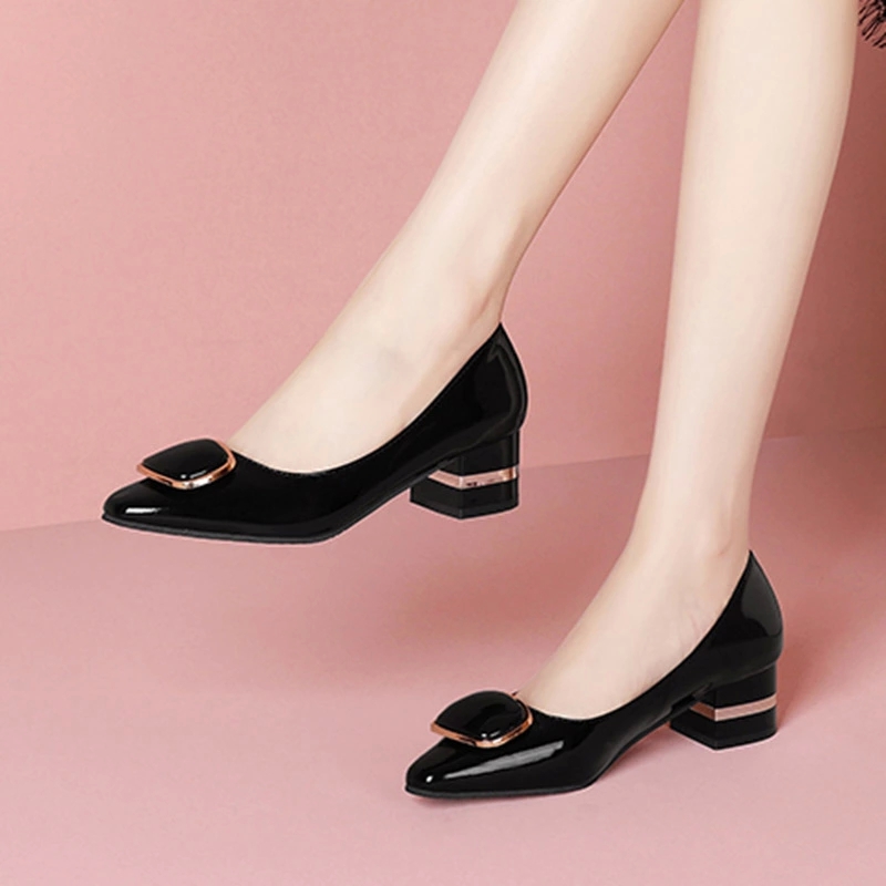 

Ol Office Lady Shoes Patent Leather Dress Shoes Gold Square Heels Boat Pointed Toe Ladies Black Basic Pumps 8650N #HV29