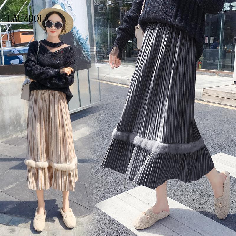

Velvet Midi Skirts Womens High Waist Hair Patchwork Long Pleated Skirt for Women Streetwear A Line 2020 Autumn Winter1, Black